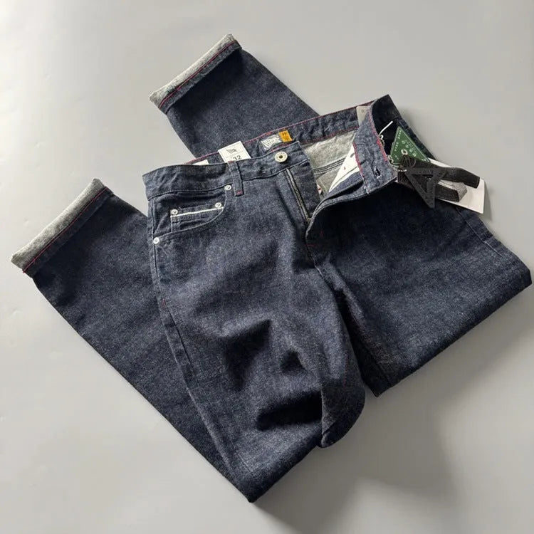 Men's straight leg denim trousers in primary colour with American retro styling and mid-waist fit
