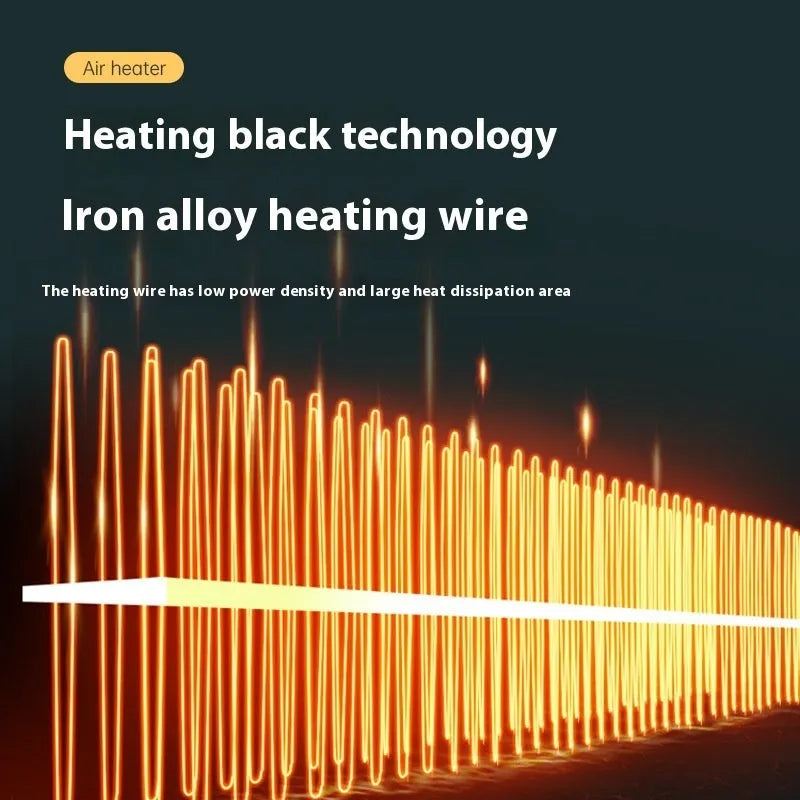 Small white desktop electric heater with power control, shown on a desk for scale