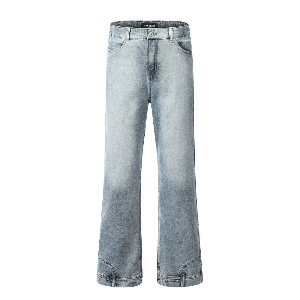 Men's blue cotton denim jeans mid waist casual trousers youth leisure wear