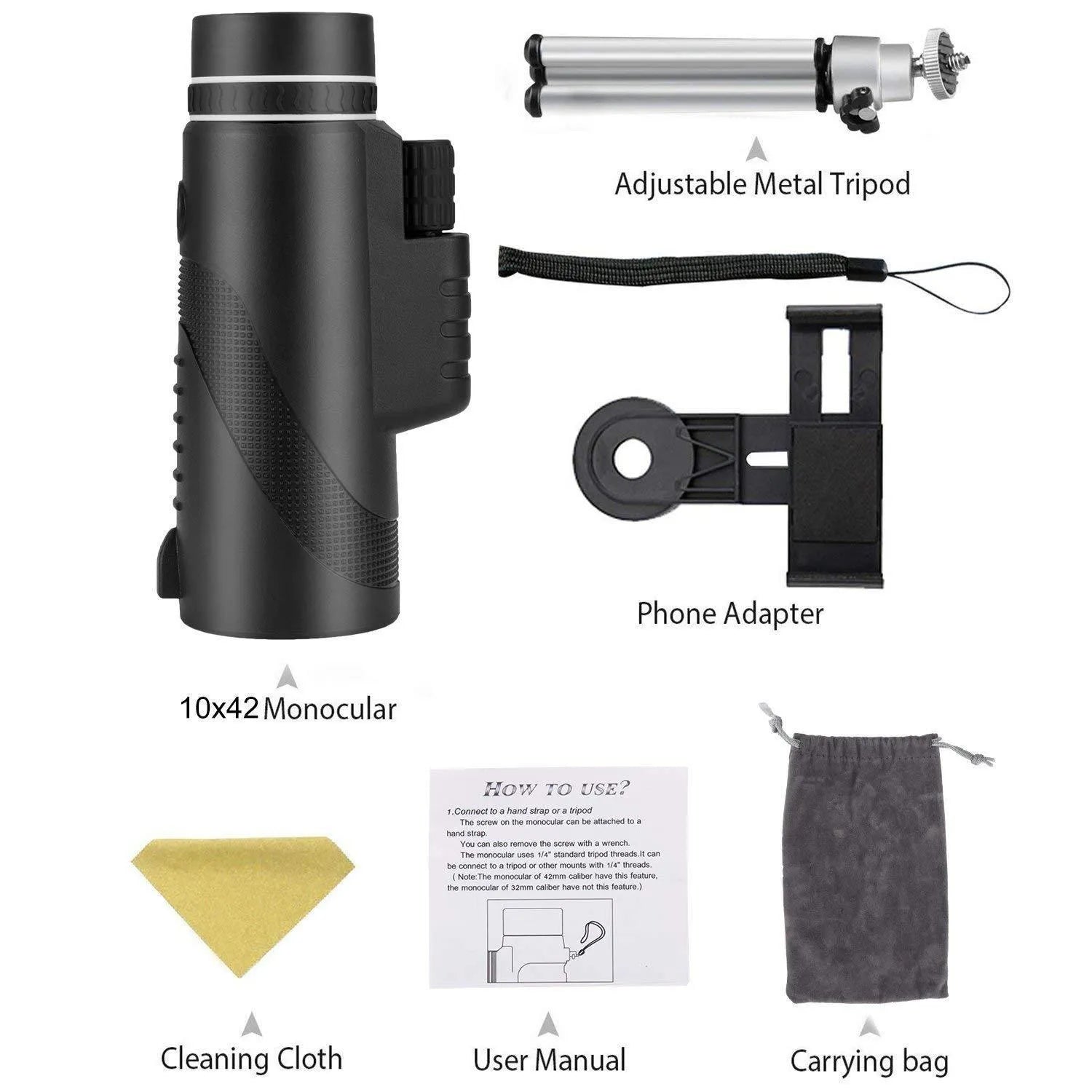 Black 40x60 monocular telescope with waterproof housing and FMC green film lens for outdoor observation.