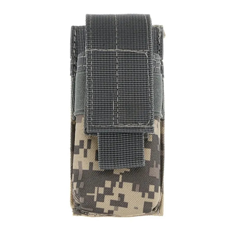 Black 600D nylon MOLLE tactical pouch with elastic cord closure for flashlights on a vest.