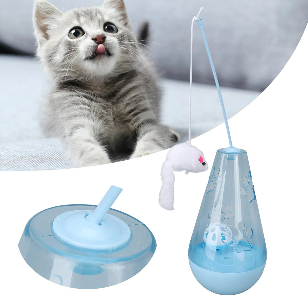 Blue and yellow cat toy with bell ball, treat dispenser, and plush mouse wand for indoor feline play
