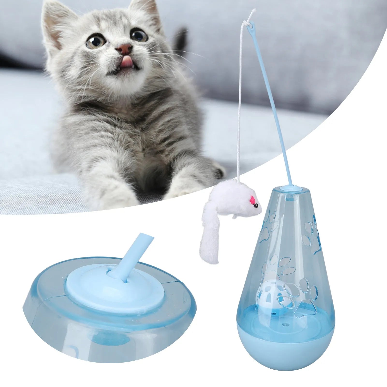 Blue and yellow cat toy with bell ball, treat dispenser, and plush mouse wand for indoor feline play