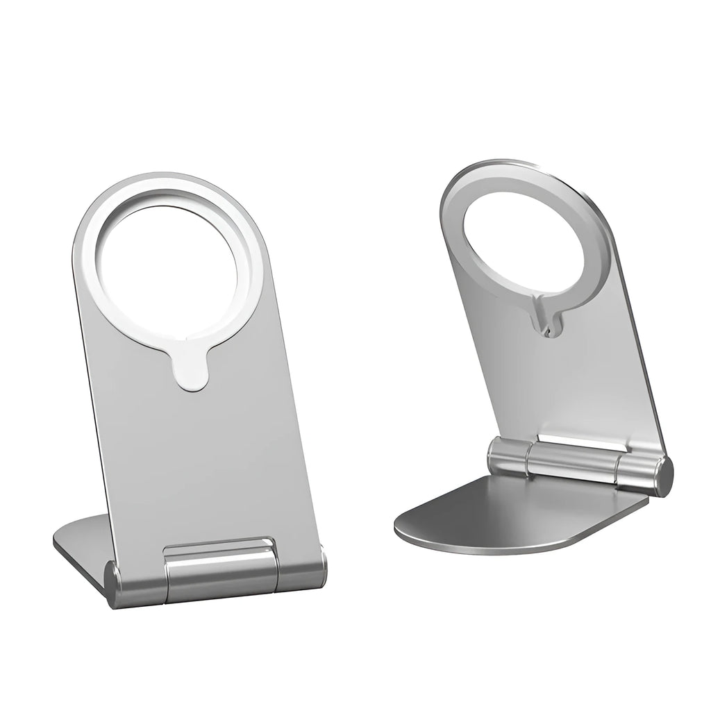 Silver portable magnetic phone bracket for iPhone 12 shown on a car dashboard.