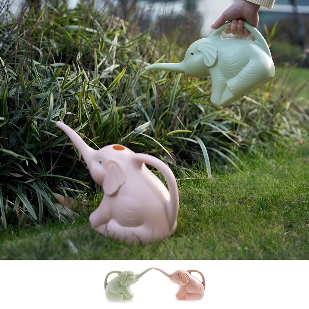Blue elephant-shaped children's plastic watering can with a long nozzle and ergonomic handle.