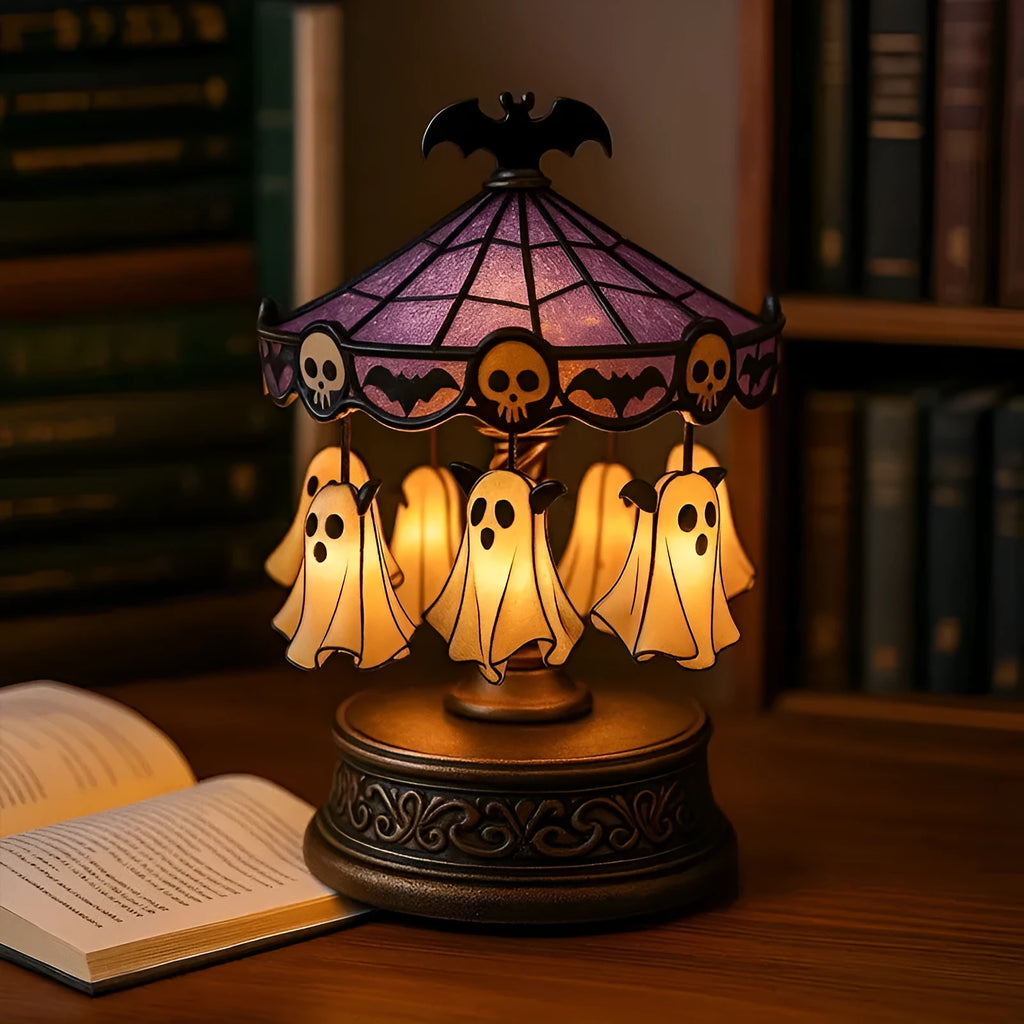 Ghost carousel night light in lamp colour with European style and half-handmade construction on a table