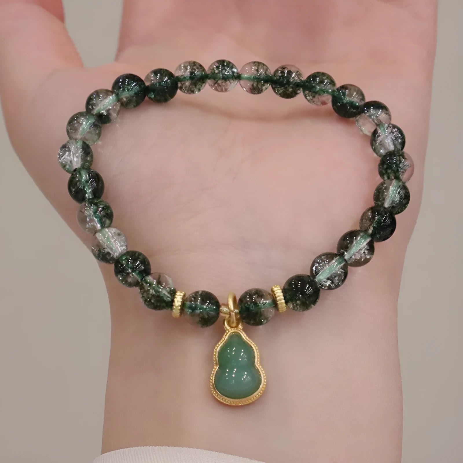 Women's natural citrine and chorite crystal bracelet with green phantom quartz heart pendant and pearl accents