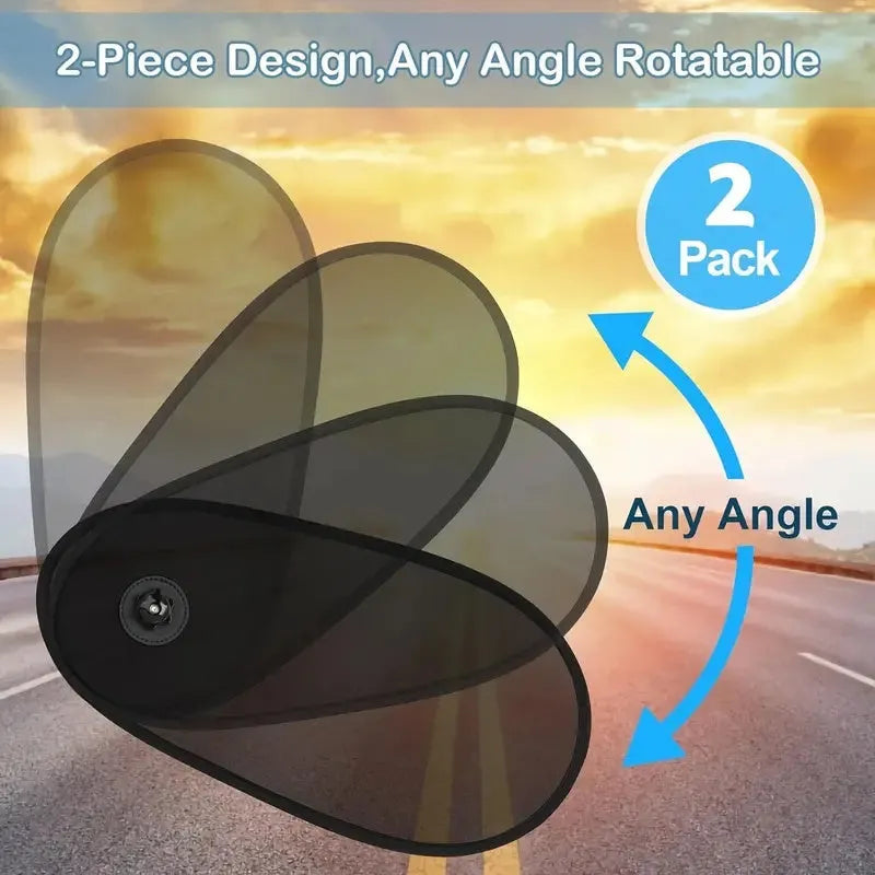 Black stretchy car side window shade with suction cups installed on a car window.