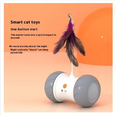 White light grey automatic electric roller tumbler cat toy on floor, ABS plastic construction