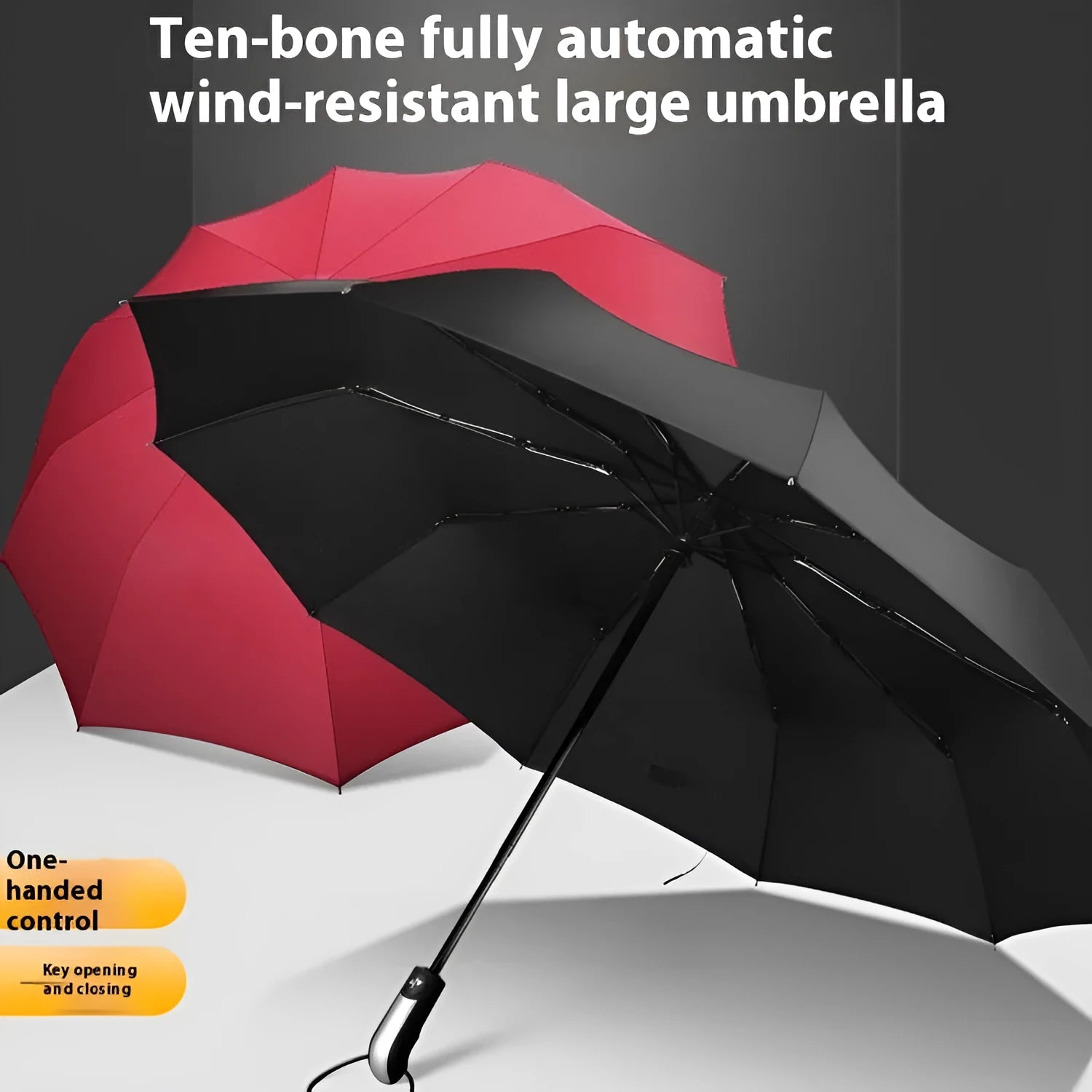 Black triple folding automatic umbrella with steel ribs and a rubber handle, shown open.