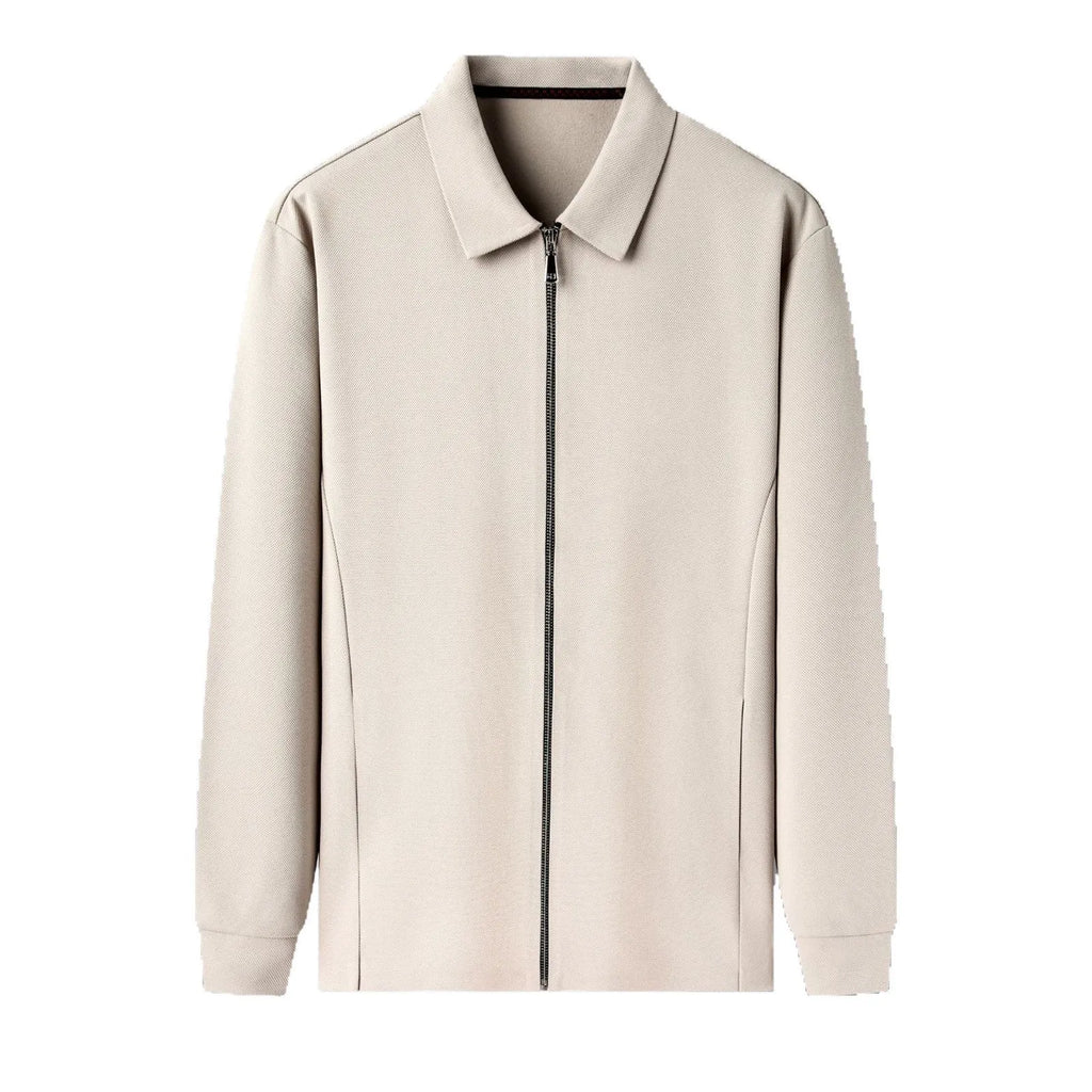 Men's straight hem business-casual jacket in black, dark gray, or apricot polyester.