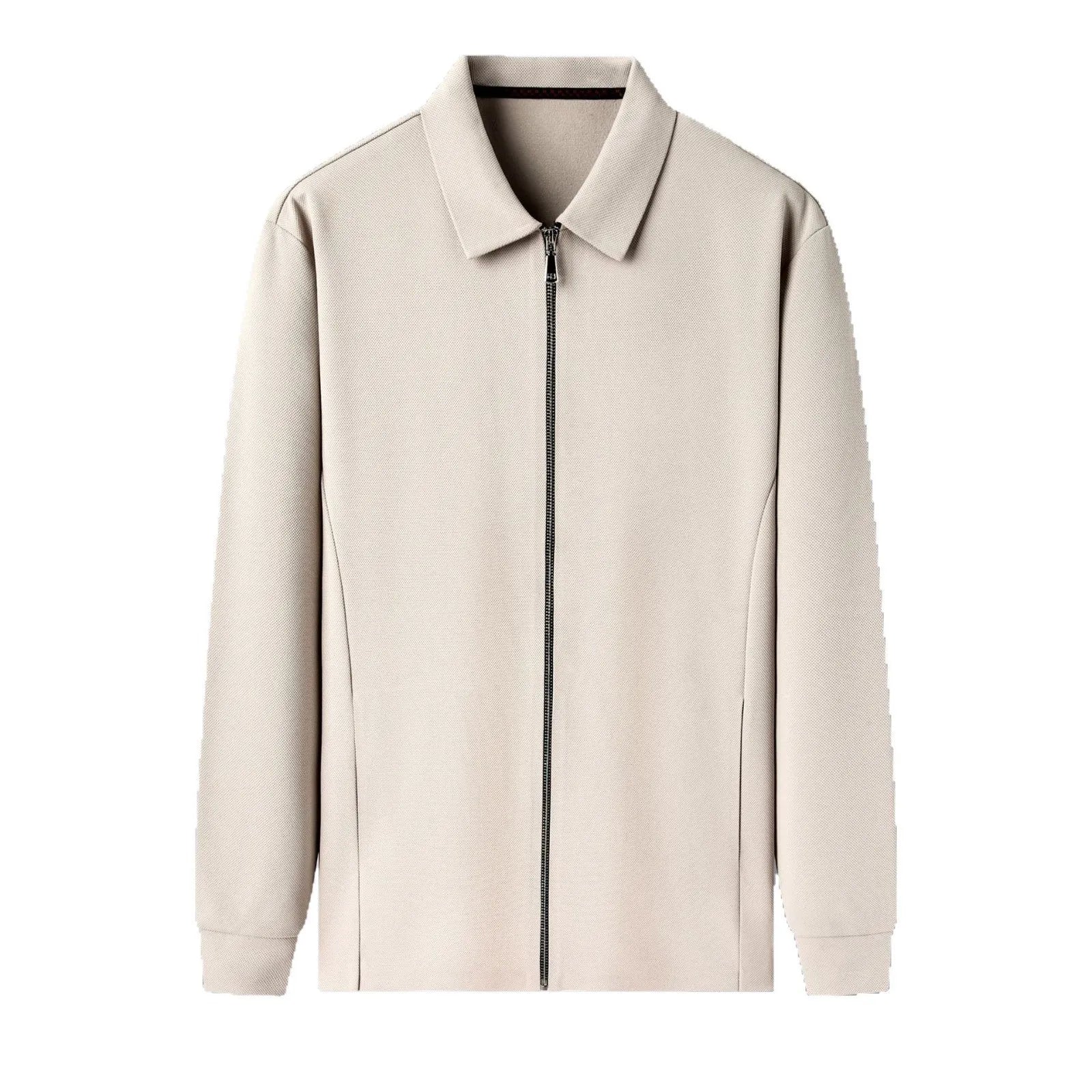 Men's straight hem business-casual jacket in black, dark gray, or apricot polyester.