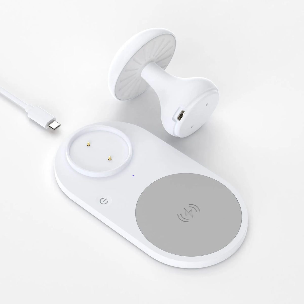 White multifunctional mushroom lamp with 10W wireless phone charger on a desk