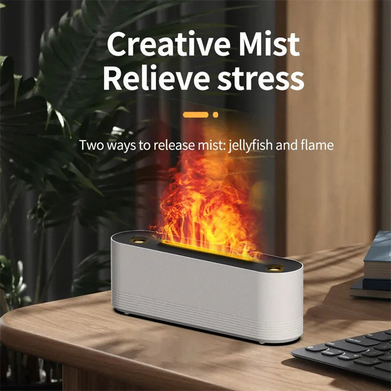 Black ultrasonic humidifier diffuser with 7-colour LED flame lighting effect and water mist emission