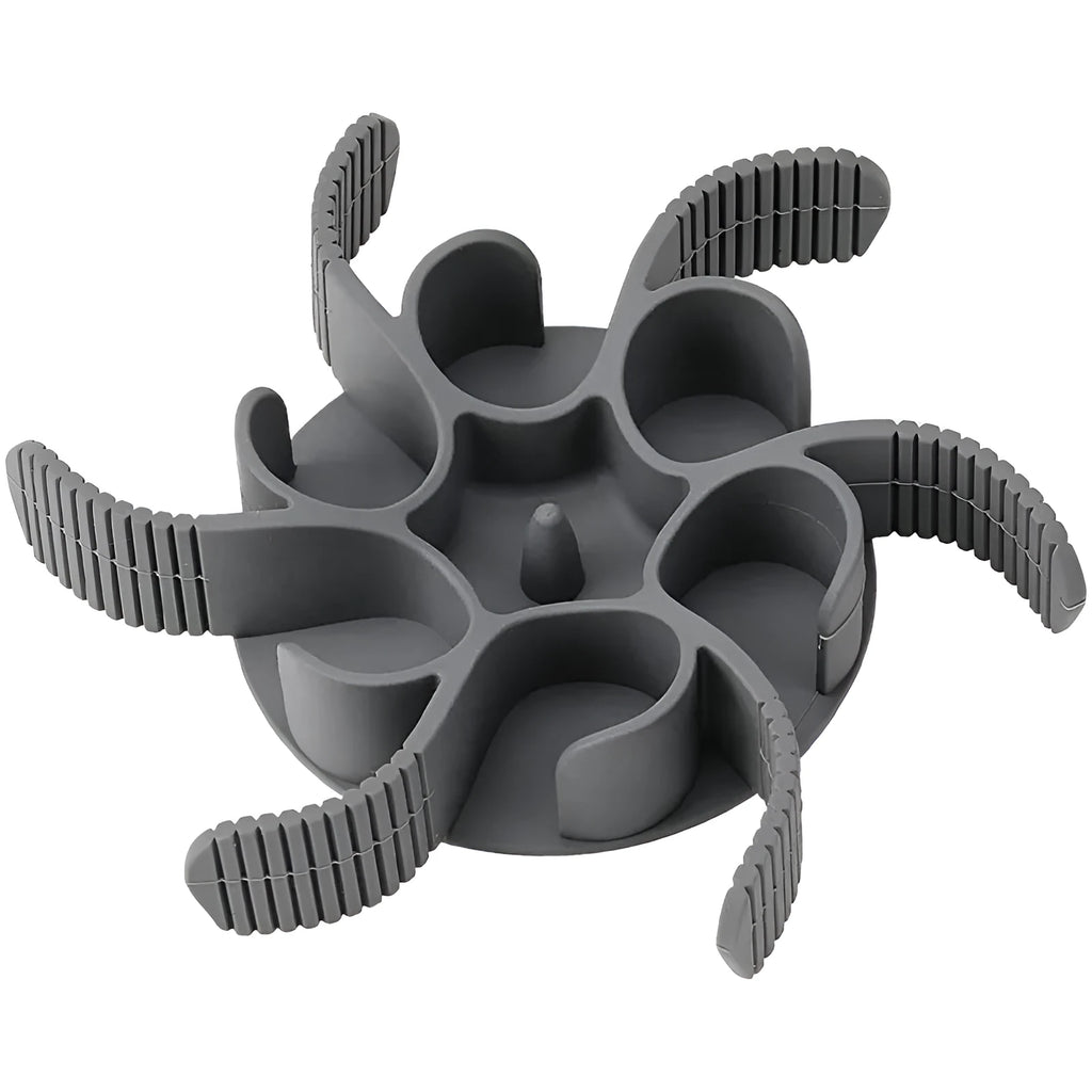 Red silicone dog slow feeder insert with spiral design and suction cups on base.