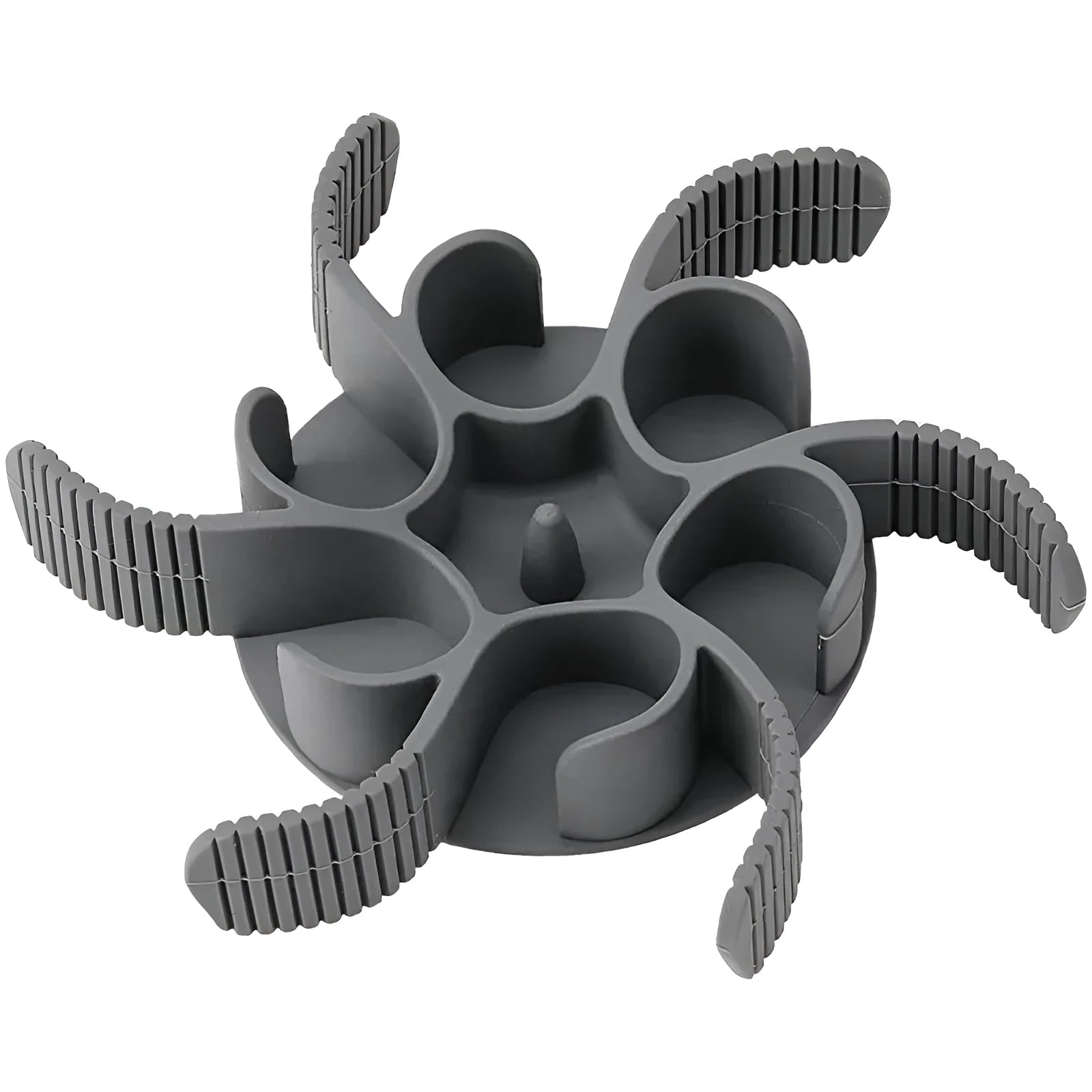 Red silicone dog slow feeder insert with spiral design and suction cups on base.