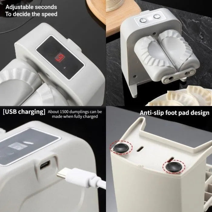 White electric dumpling maker machine with modern design on kitchen countertop
