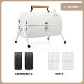 White round portable folding charcoal grill with chimney oven and two mesh racks for frying and baking.