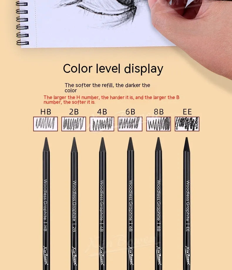 Set of six wood-free graphite sketching pencils with grades HB, 2B, 4B, 6B, 8B, and EE.