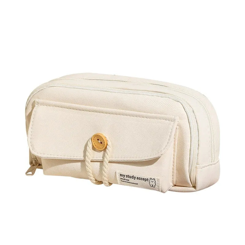 Large capacity canvas pencil case for girls in beige, blue, gray, or green, holding many pens.