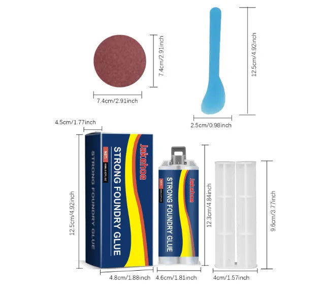 85ml two-part epoxy metal sealant cartridge with push rod, scraper, and sandpaper for stainless steel, copper, aluminium repairs.