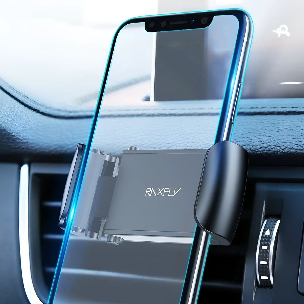 Black universal adjustable car air vent bracket phone holder made from ABS plastic clipped onto a car vent