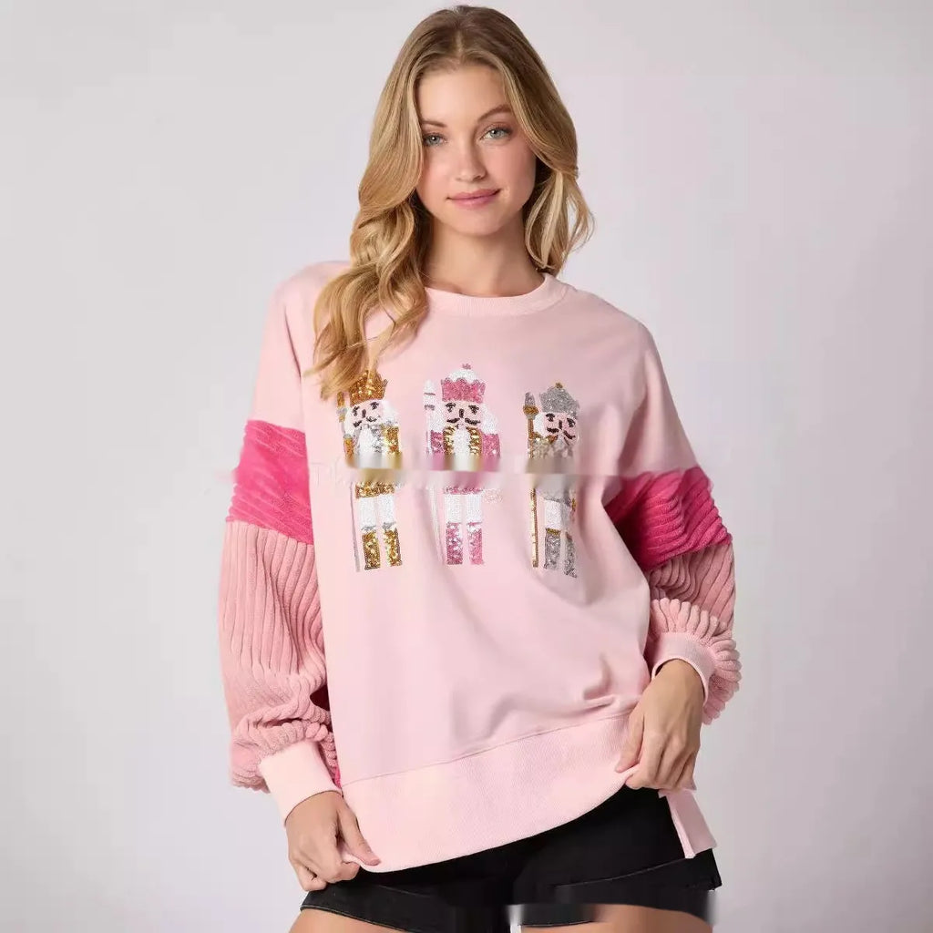 Women's Christmas soldier sequins hoodie pullover in sky blue with loose fit and long sleeves