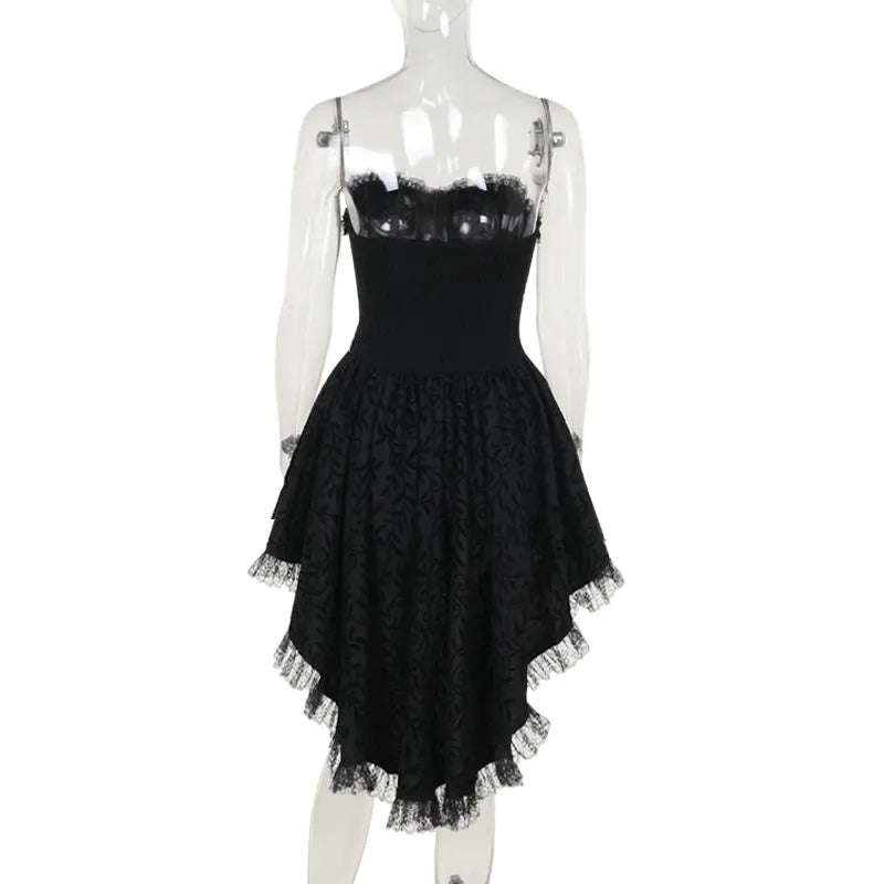 Black gothic flocking bra trailing dress with bow detail, sleeveless, hip skirt style for Halloween costume