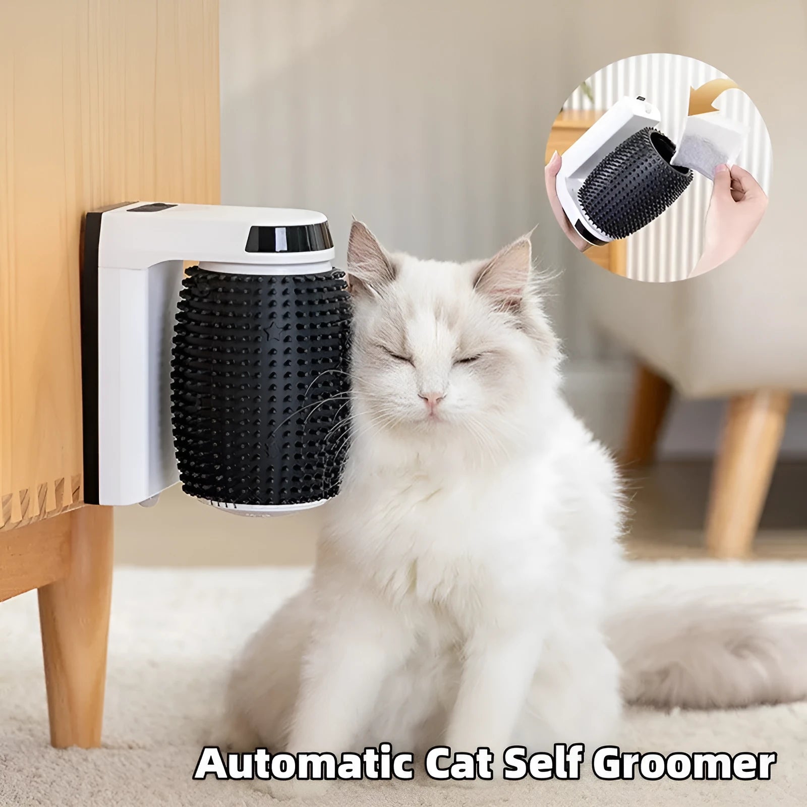 White automatic cat self groomer wall corner brush with silicone bristles for grooming and scratching
