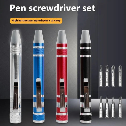 8-in-1 aluminium alloy pen-type screwdriver set with multiple coloured handles and chrome vanadium steel bits