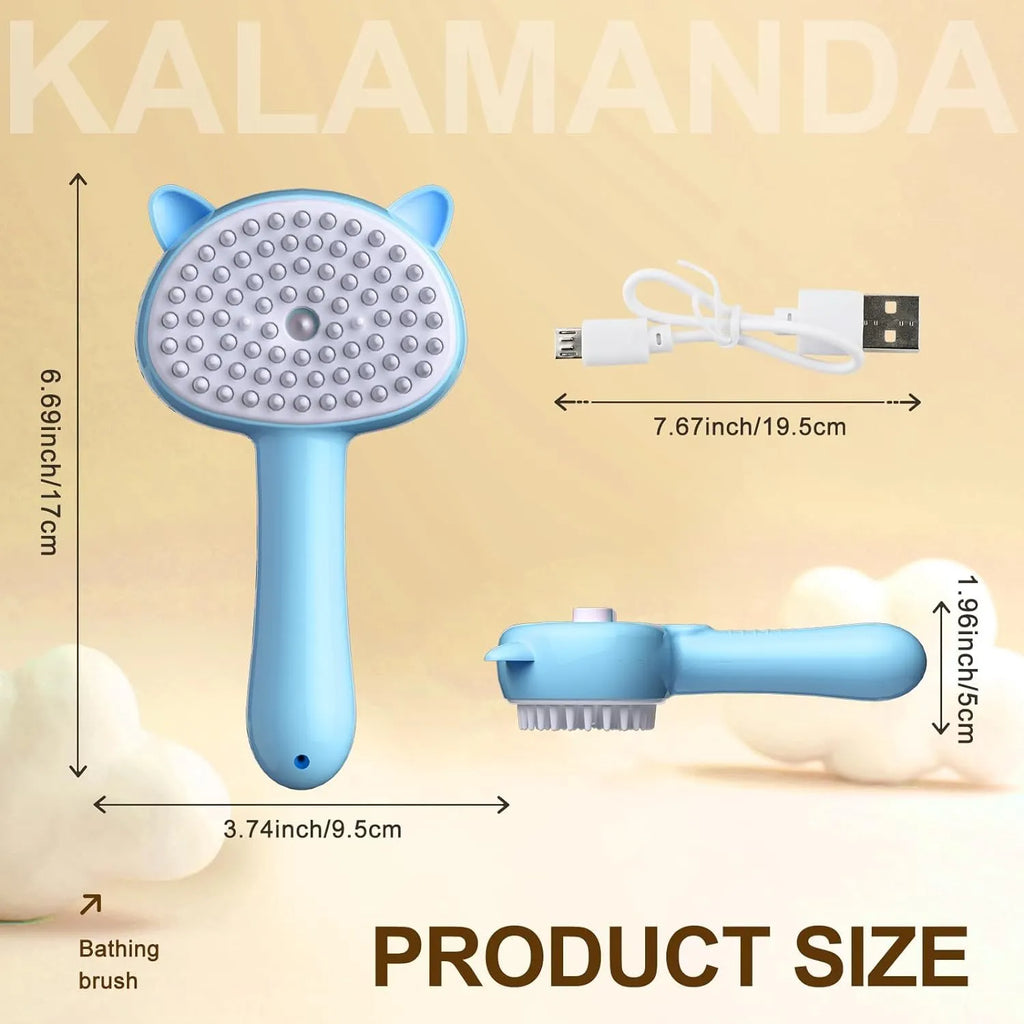 Cat ear-shaped steam grooming brush with blue handle and rubber bristles for pet hair removal