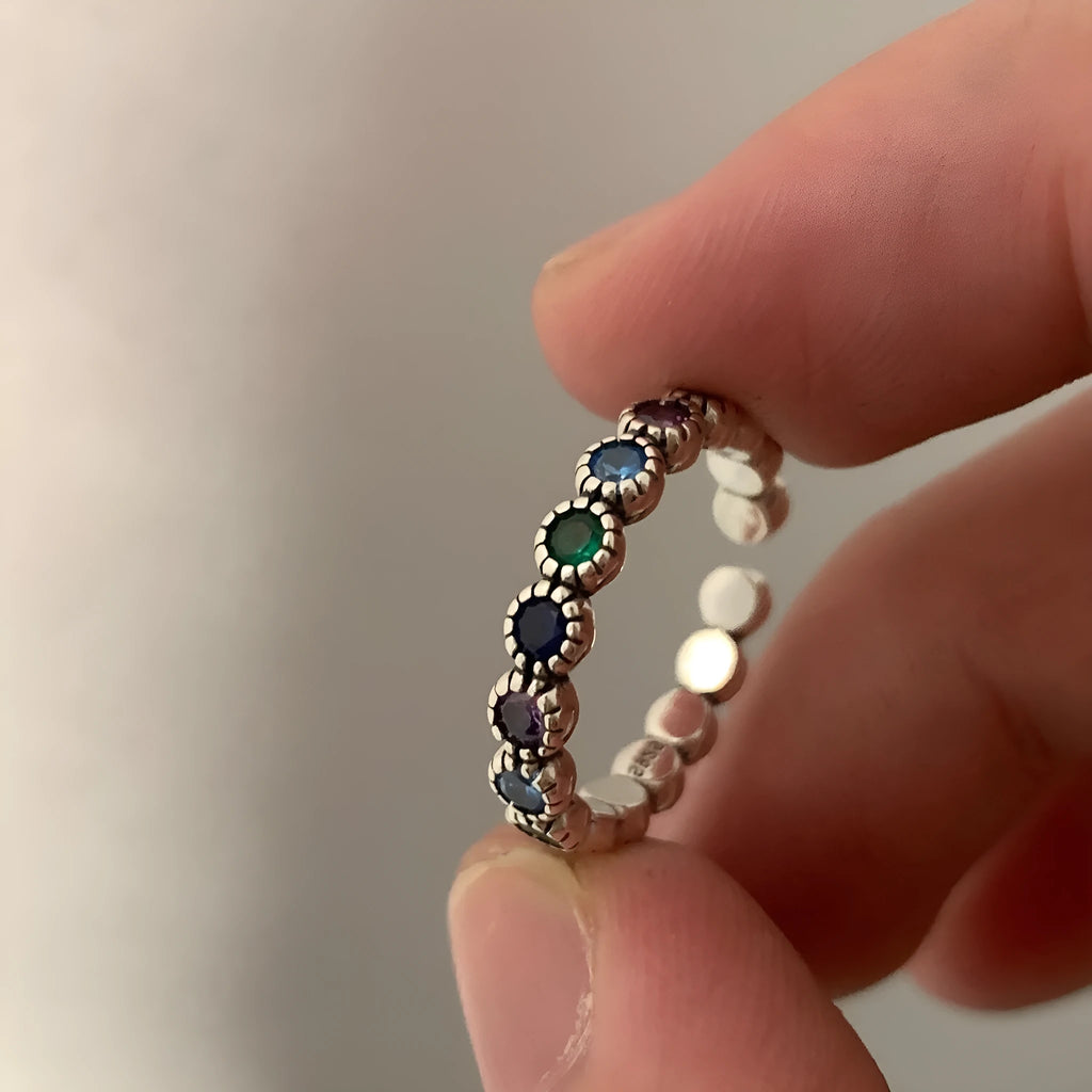 Women's adjustable geometric ring with colourful zircon in retro silver finish