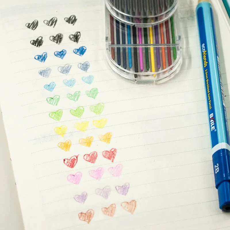 Pack of 12 automatic lead refills, 2.0mm diameter, 90mm length, in black and multicolor, PP material