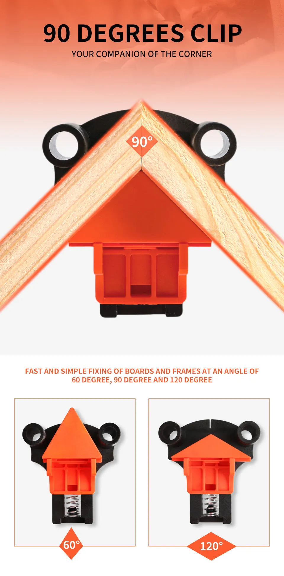 Four plastic 90 degree right angle woodworking clips for picture frame assembly