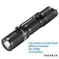 Lumintop Tool AA 2.0 black aluminium torch with keychain, shown next to included 14500 battery and diffuser.