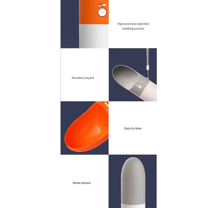 White MOESTAR rocket-shaped pet drinking cup with grey or orange accents showing one-button lock