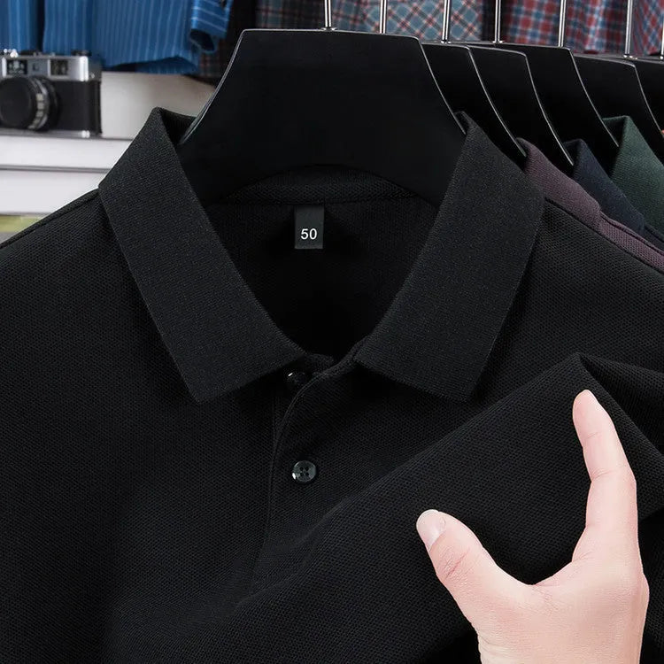 Men's casual polo collar short sleeve top in mercerized cotton, available in multiple solid colours