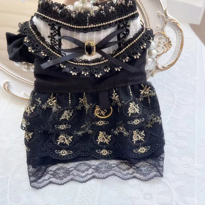 Golden gothic-style princess skirt for a small dog or cat on a mannequin