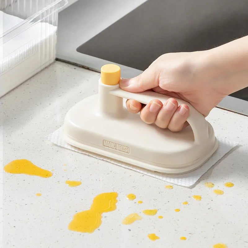 Disposable cleaning brush with plastic handle, 50 white non-woven pads and storage box
