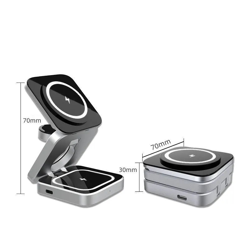 Folding three-in-one wireless charging bracket with magnetic ring on desktop