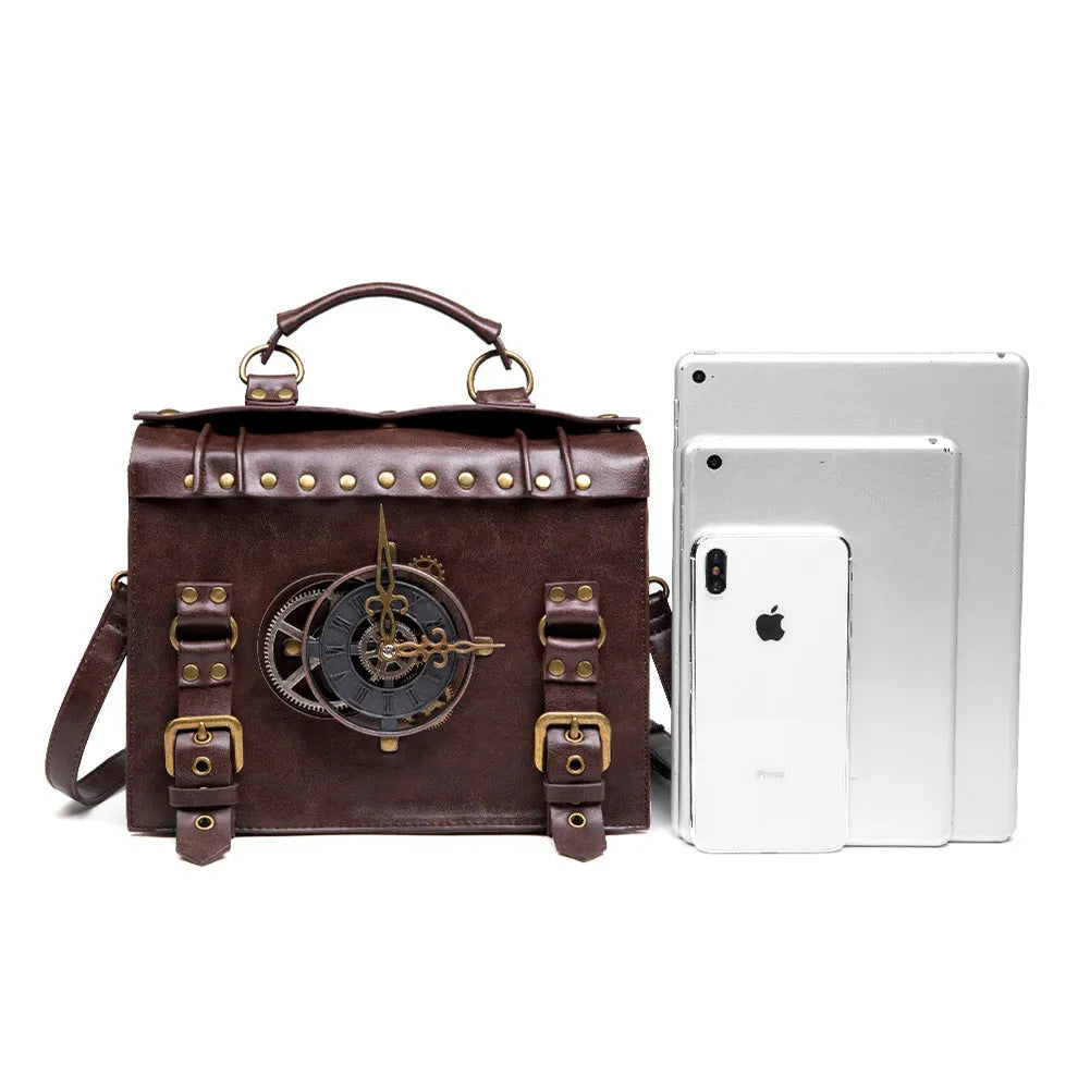 Bronze steampunk industrial retro shoulder bag with metal accents and pillow shape