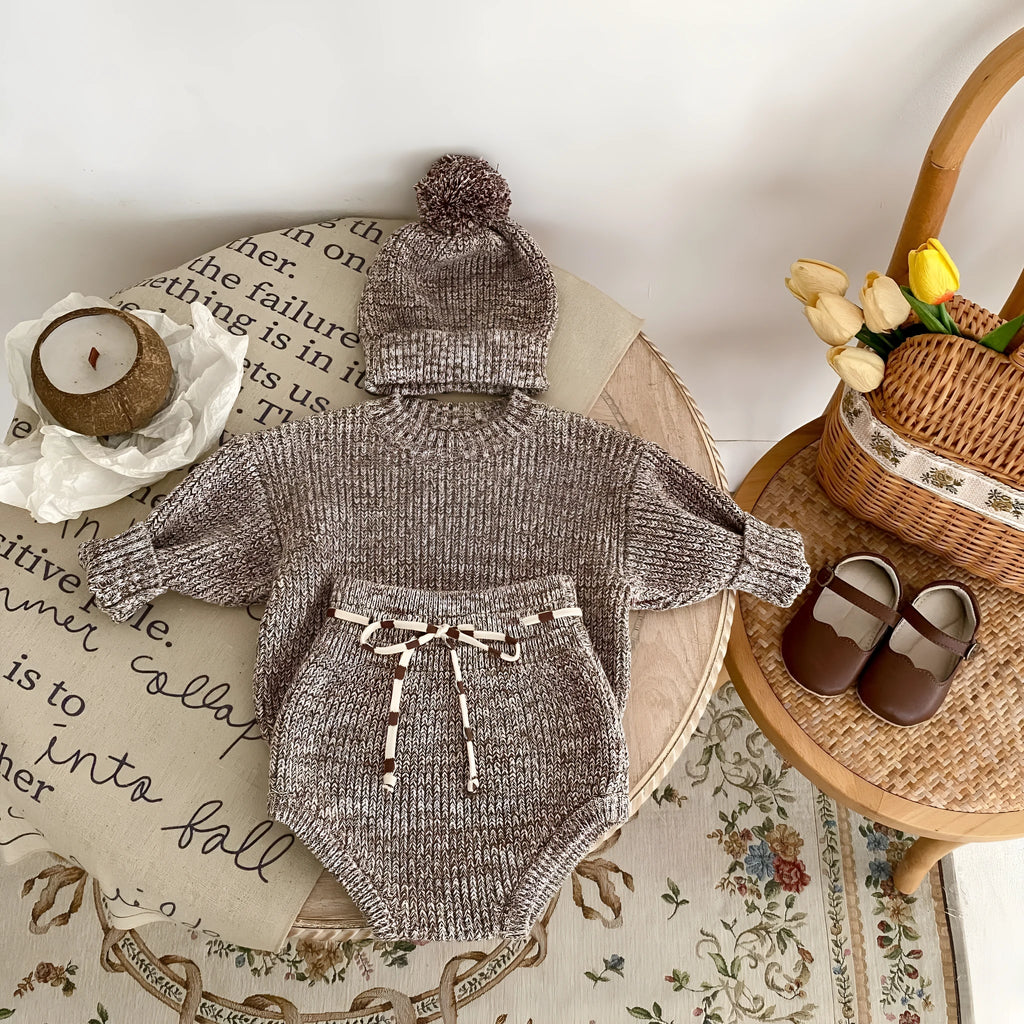 Dark brown cotton knitted three-piece set for infant girl with fur ball hat