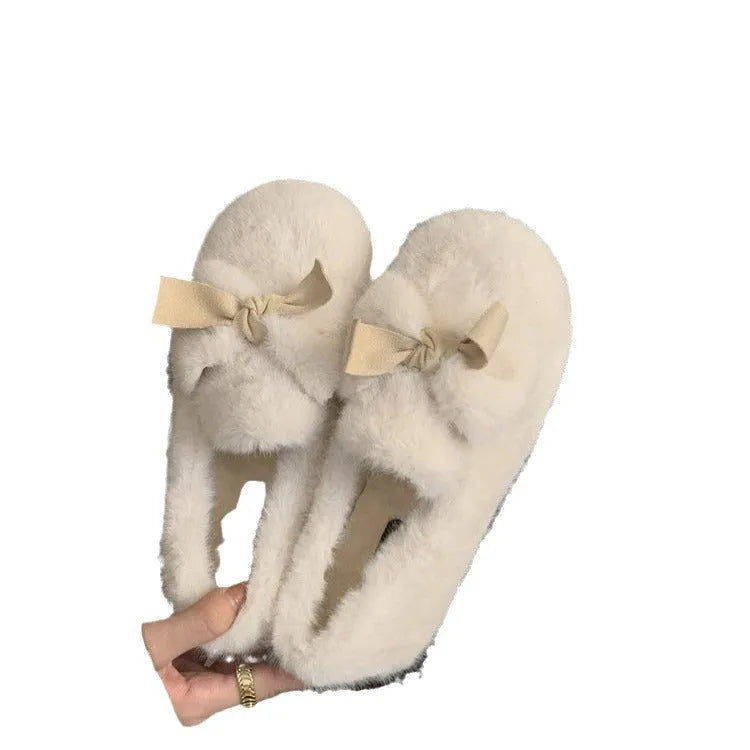 Ladies winter warm bow tie shoes with suede upper, plush lining, and rubber sole in black