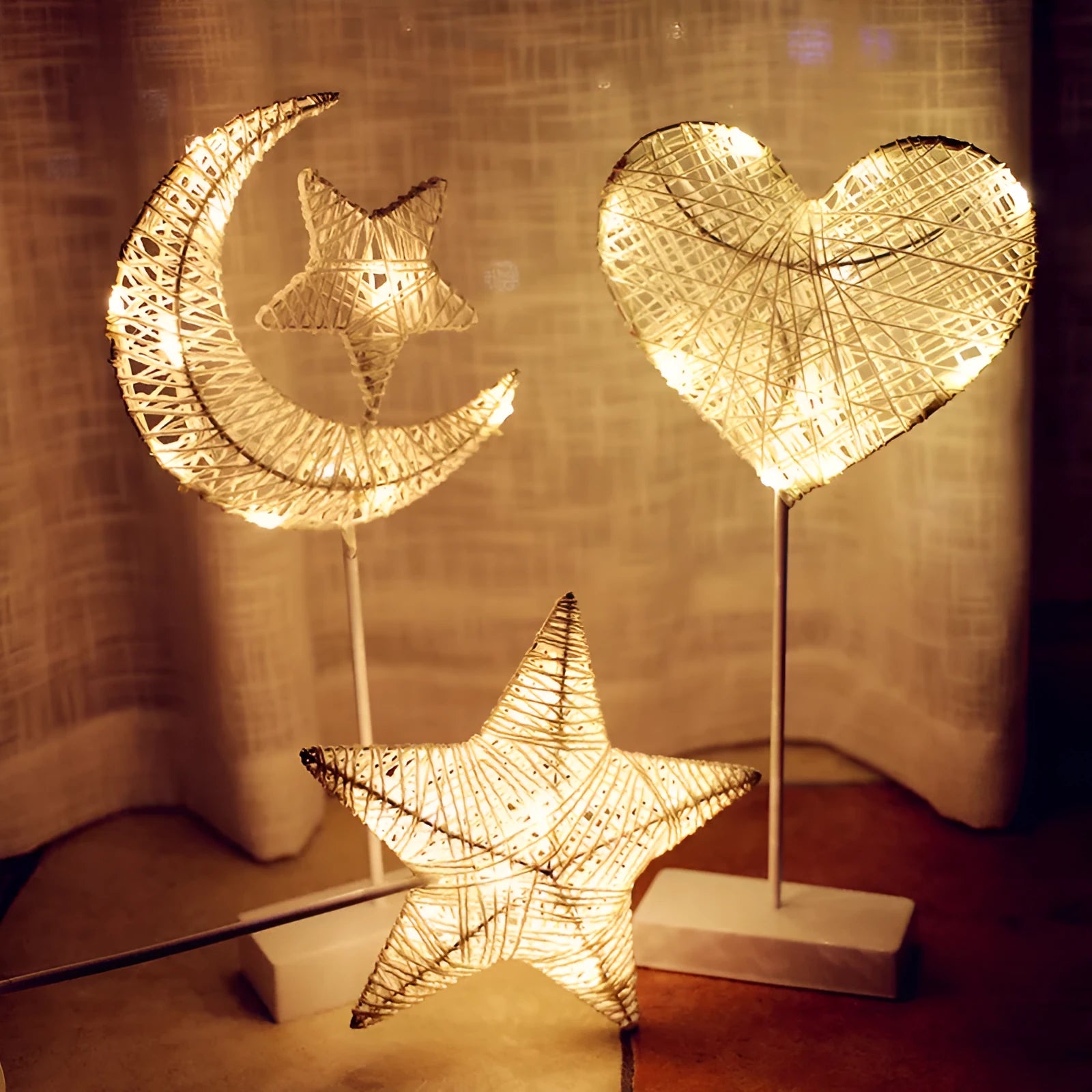 Rattan ball table lamp with flashing LED lights in love heart, star, or moon shape.