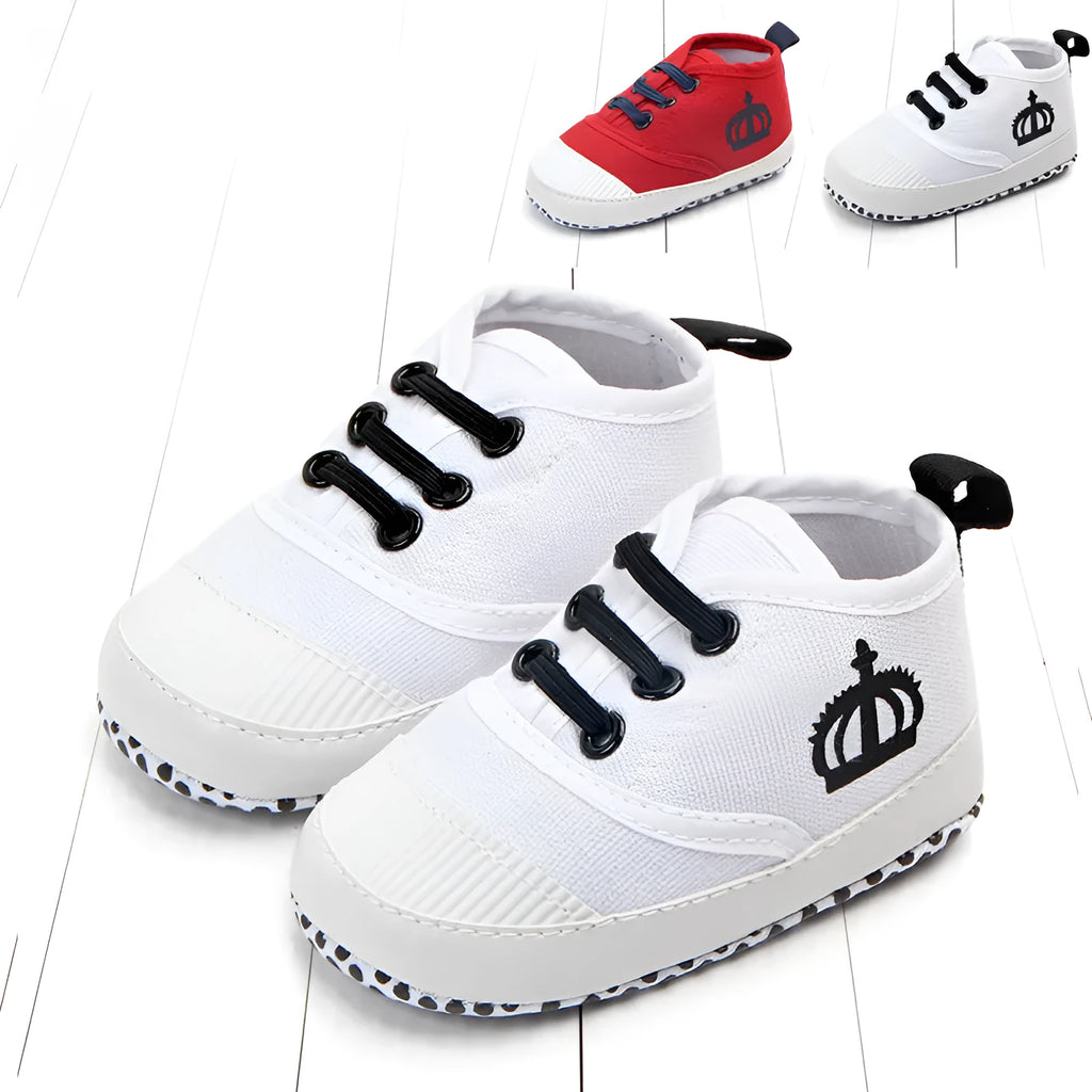 Red and white cotton canvas toddler shoes with elastic band closure