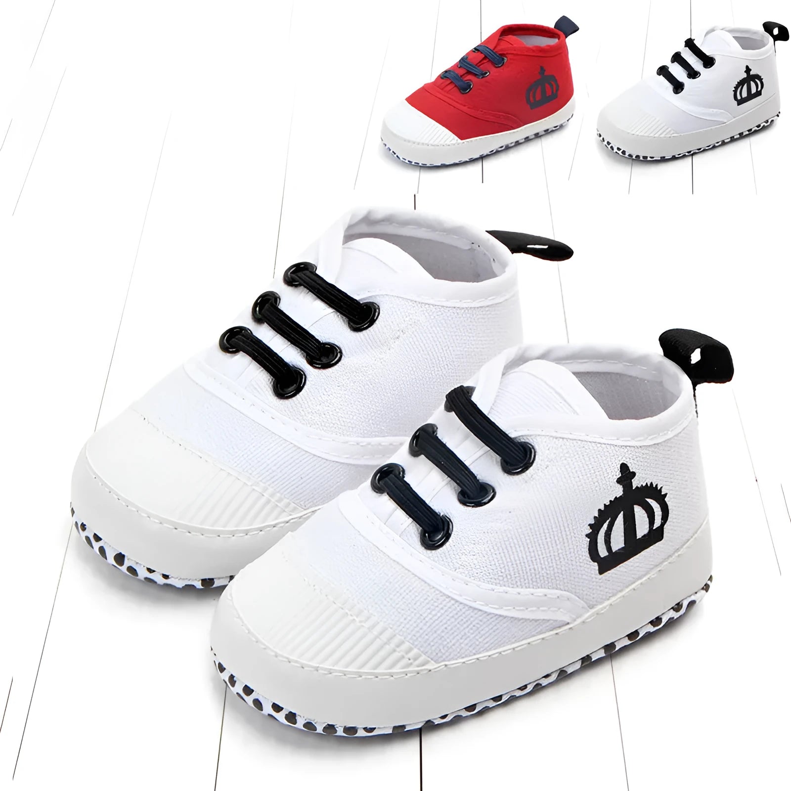 Red and white cotton canvas toddler shoes with elastic band closure