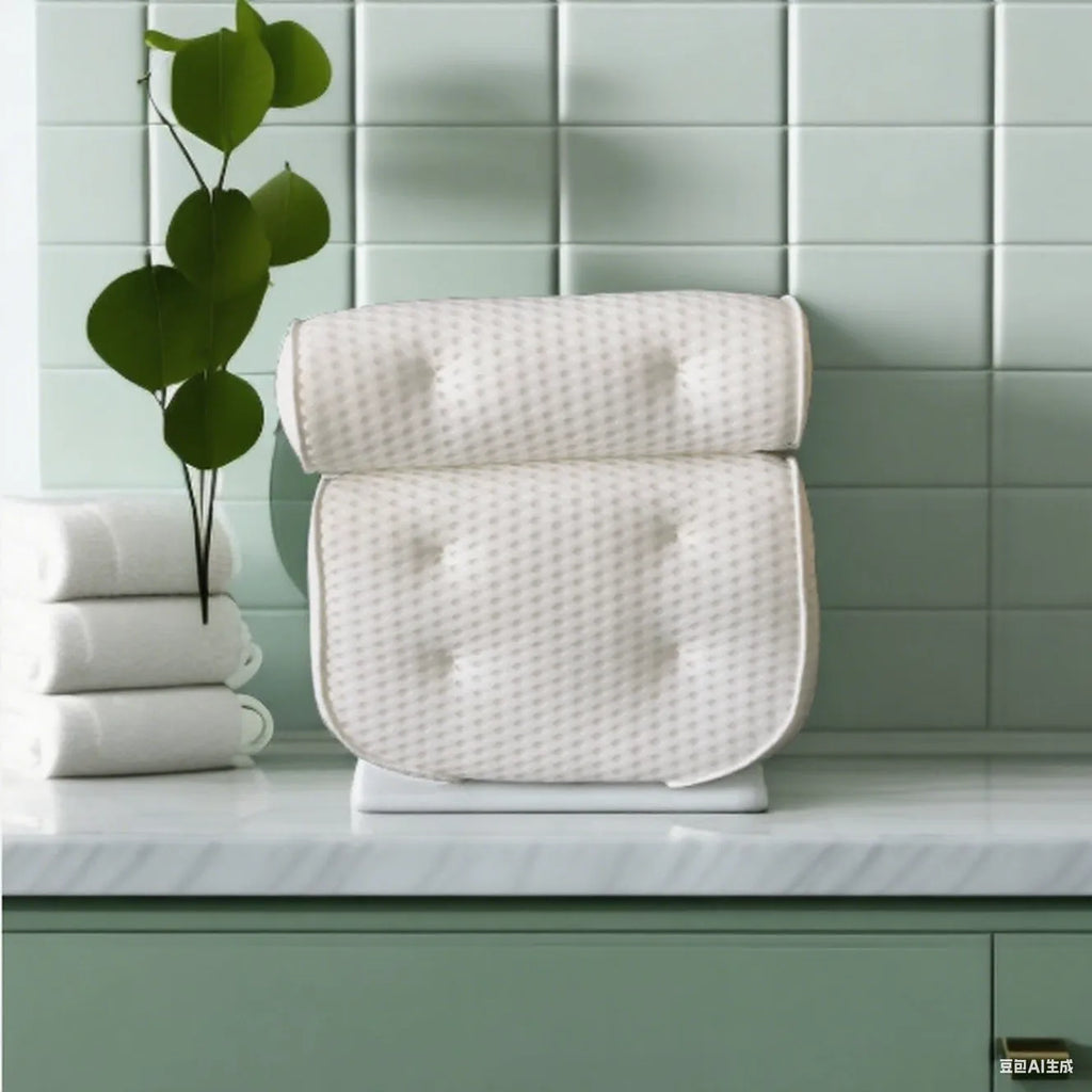 White bath pillow with suction cups on 3D mesh material for bathtub use