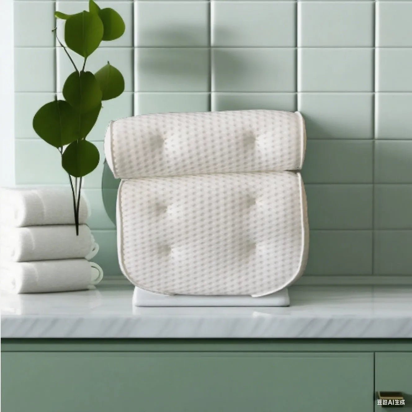 White bath pillow with suction cups on 3D mesh material for bathtub use