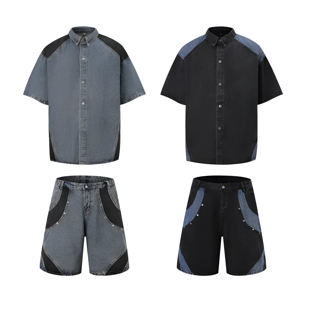 Retro washed denim suit comprising a short-sleeved jacket and trousers in blue.