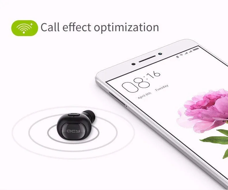 QCY Q26 Bluetooth headset in black, single-ear in-ear design with USB charging cable